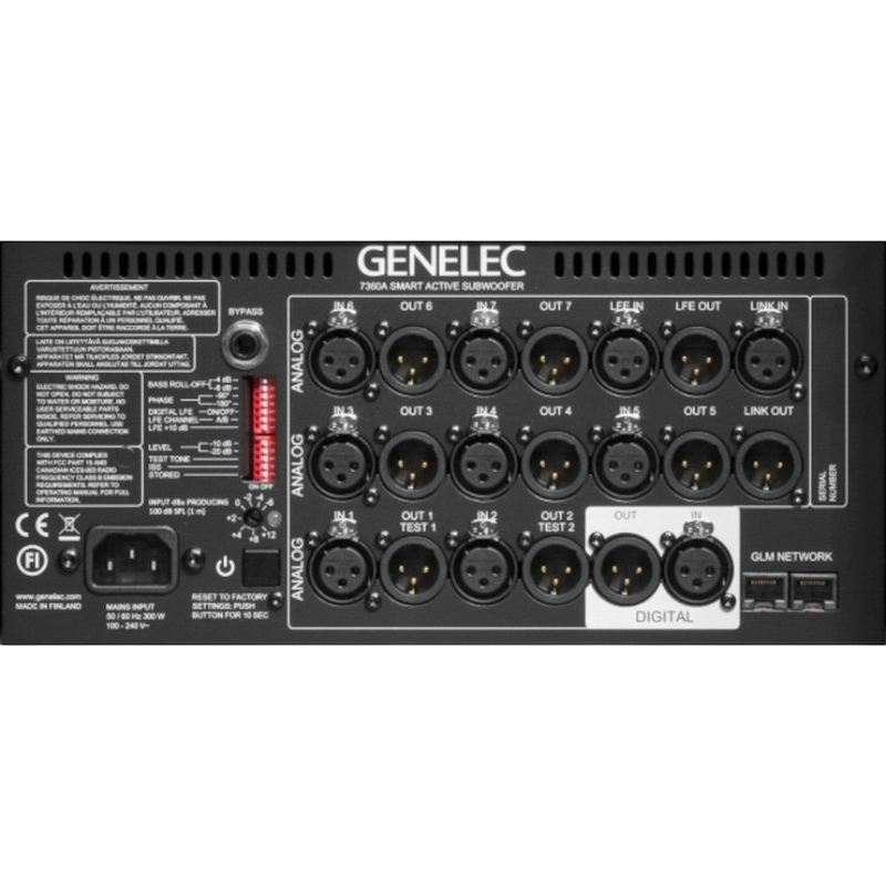 Undentia AB Genelec 7360A studio subwoofer rear connection panel with analog and digital XLR inputs and outputs