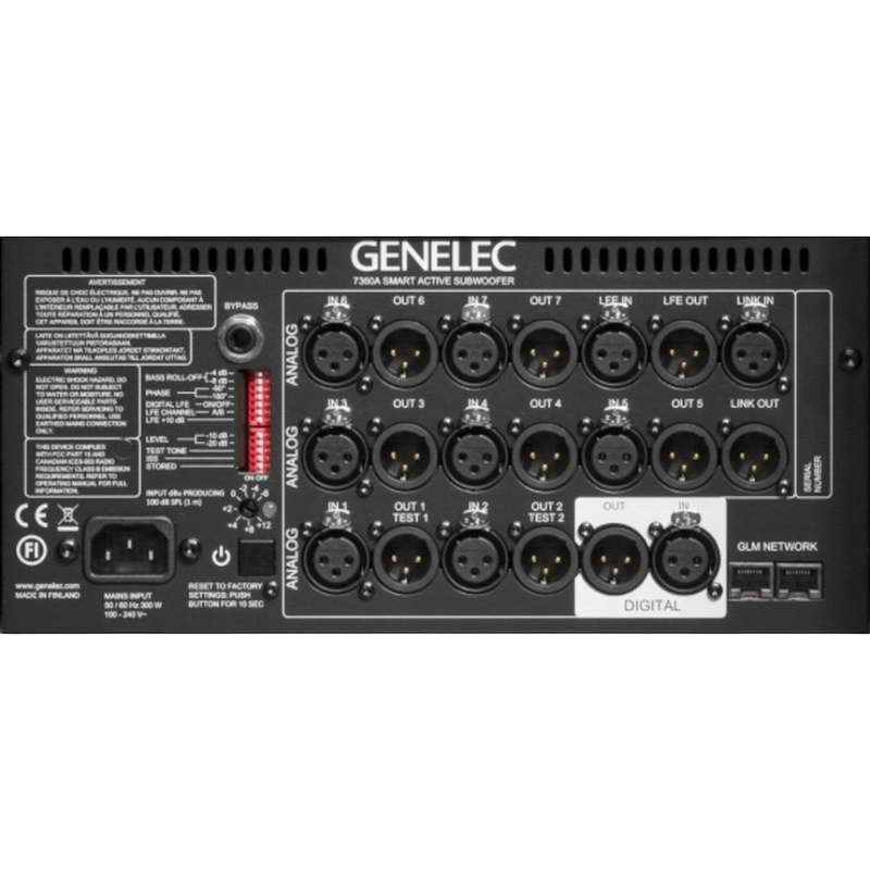 Undentia AB Genelec 7360A studio subwoofer rear connection panel with analog and digital XLR inputs and outputs