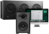Undentia AB Genelec 7382A studio subwoofer, monitor speaker, and computer screen displaying GLM calibration software.