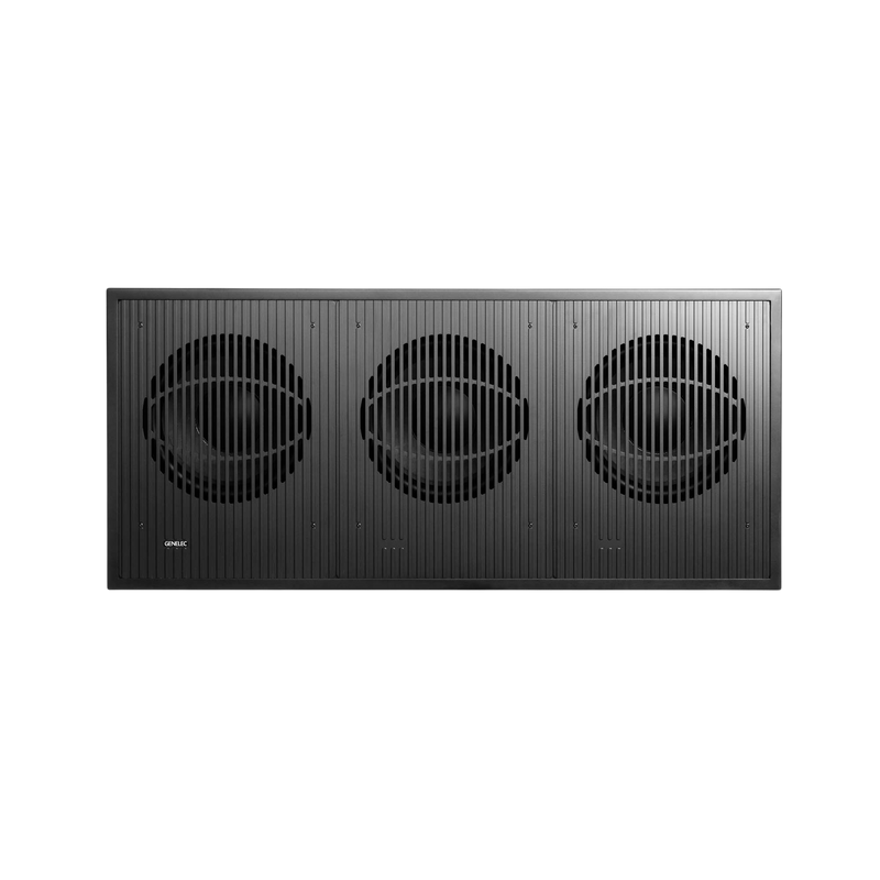 Undentia AB Genelec 7382A black studio subwoofer with three large drivers behind a protective vertical grille