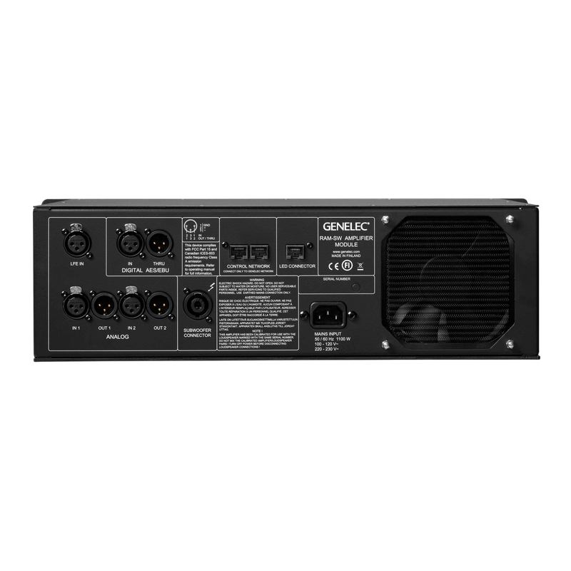 Undentia AB Genelec 7382A SAM studio subwoofer rear panel showing XLR analog and digital inputs and network ports
