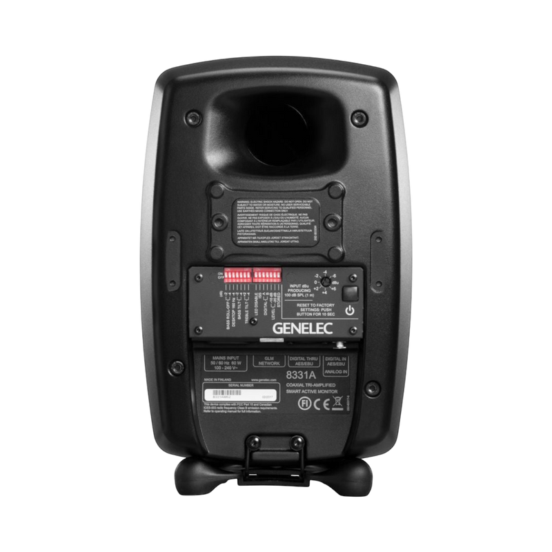 Undentia AB Genelec 8331A SAM active studio monitor rear panel showing input ports, calibration switches, and labels.