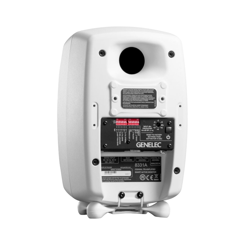 Rear view of white Genelec 8331A SAM active studio monitor by Undentia AB showing input ports and control switches.