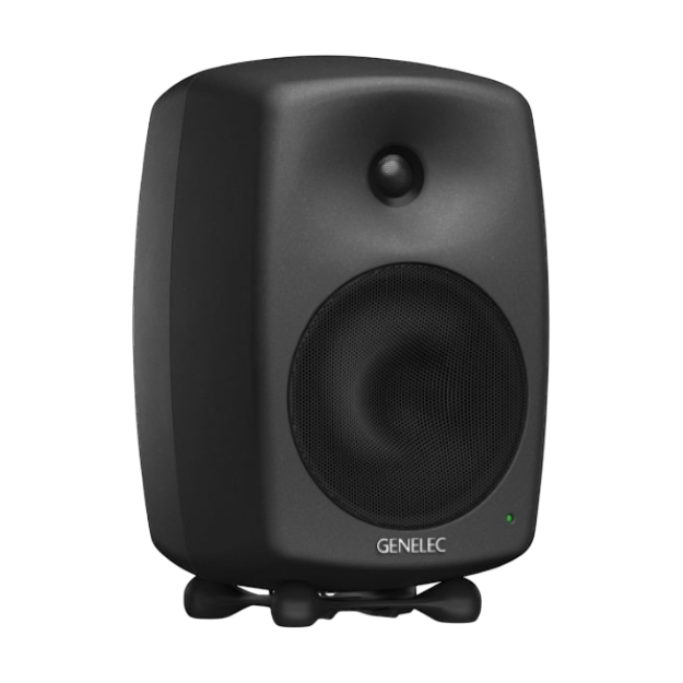 Undentia AB Genelec 8340A SAM studio monitor in matte black with a compact, rounded design and integrated Iso-Pod stand.