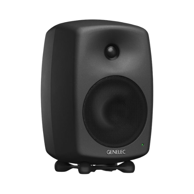 Undentia AB Genelec 8340A SAM studio monitor in matte black with a compact, rounded design and integrated Iso-Pod stand.