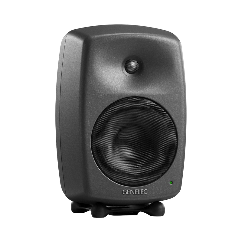 Undentia AB Genelec 8340A SAM studio monitor in dark grey with a compact, curved design and integrated Iso-Pod stand.