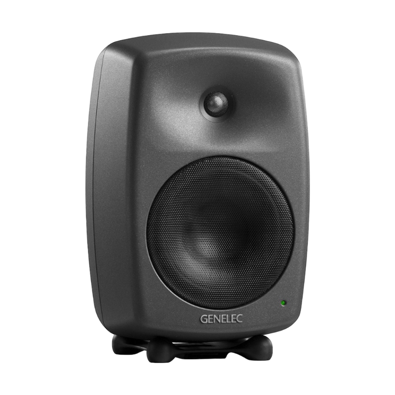 Undentia AB Genelec 8340A SAM studio monitor in dark grey with a compact, curved design and integrated Iso-Pod stand.