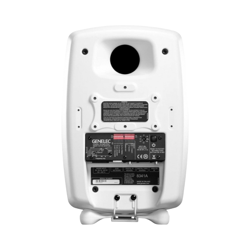 Rear view of white Genelec 8341A SAM active monitor showing input ports and controls from Undentia AB