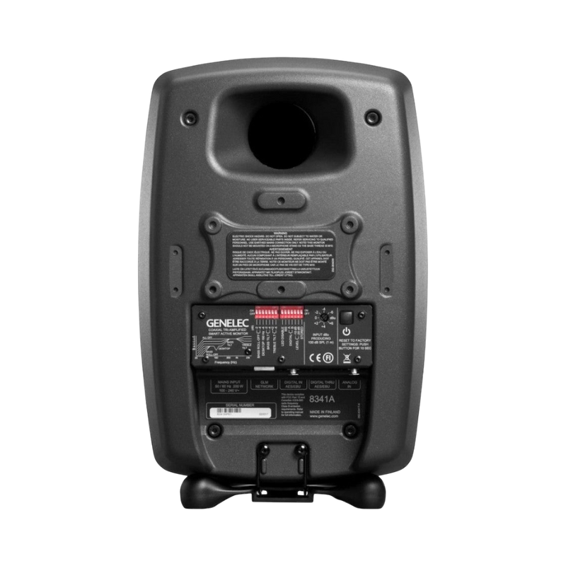 Undentia AB Genelec 8341A SAM active studio monitor rear panel showing input ports, control switches, and mounting base