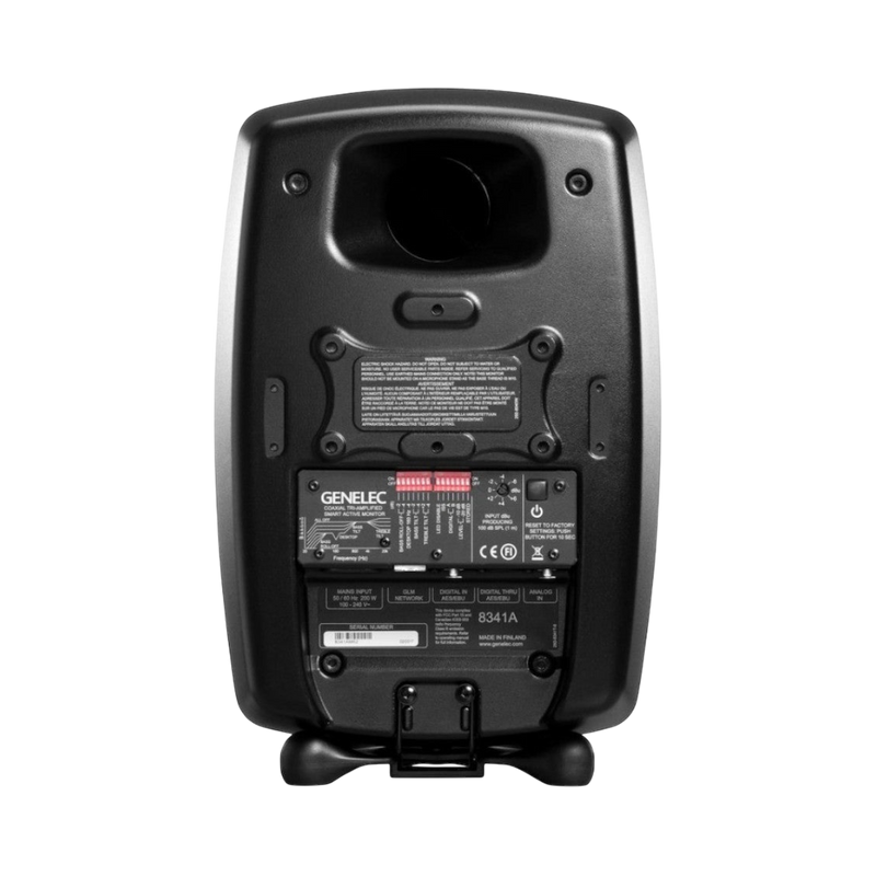 Rear view of Undentia AB Genelec 8341A SAM active studio monitor showing input ports, control switches, and label.