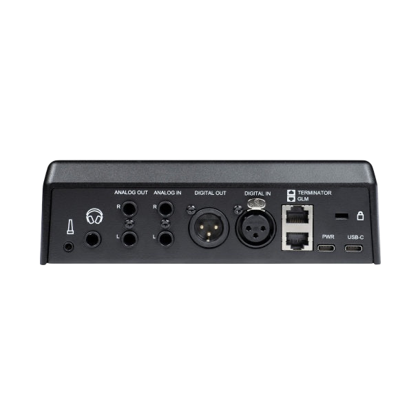 Rear panel of the Undentia AB Genelec 9320A reference controller showing analog, digital, and USB-C connectivity ports.