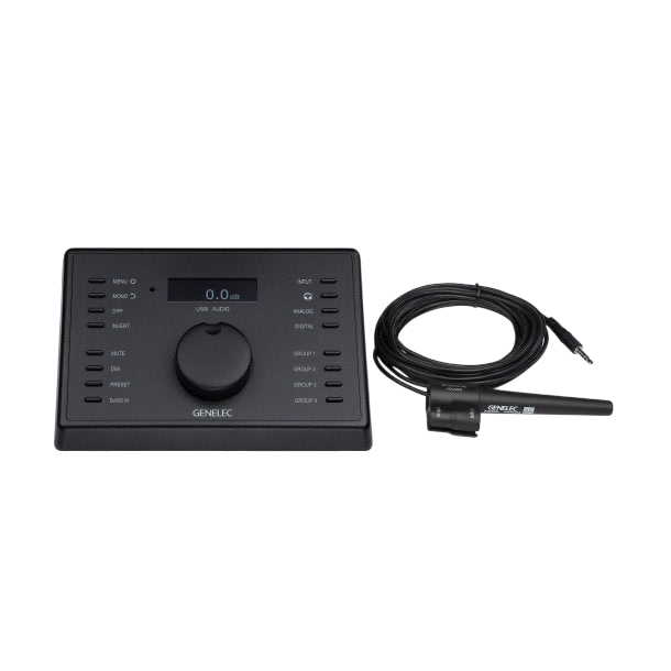 Undentia AB Genelec 9320A SAM Reference Controller with black control console, volume knob, and calibration microphone.