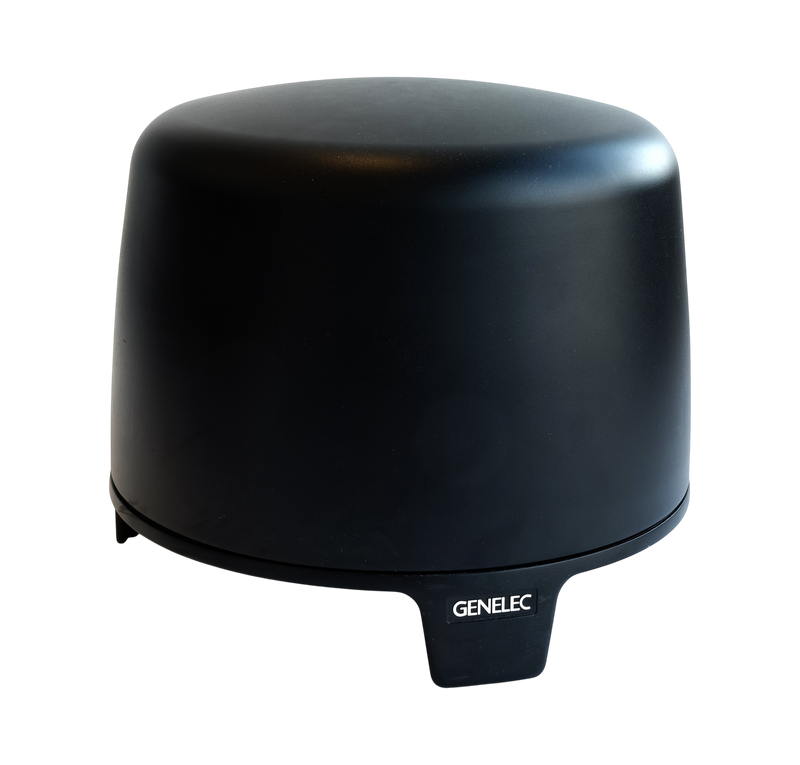 Undentia AB Genelec F Two compact black active subwoofer with a rounded, minimalist design on a white background.
