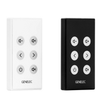 Undentia AB Genelec F Two subwoofer remote controls in white and black with volume, navigation, and power buttons.
