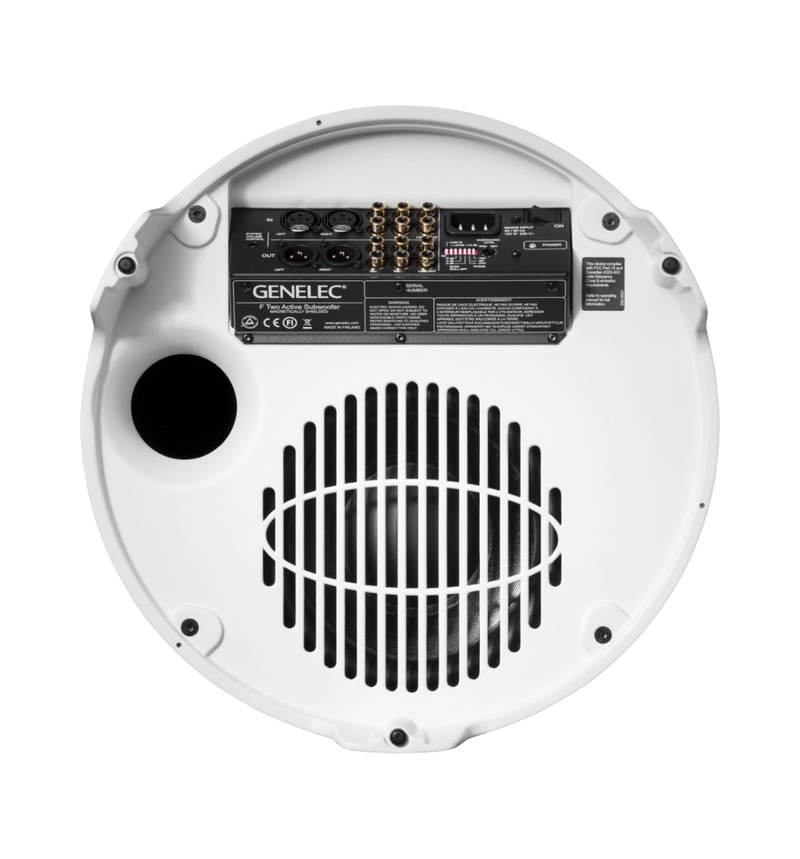 Undentia AB Genelec F Two active subwoofer rear panel showing analog and digital connectivity ports and speaker grille