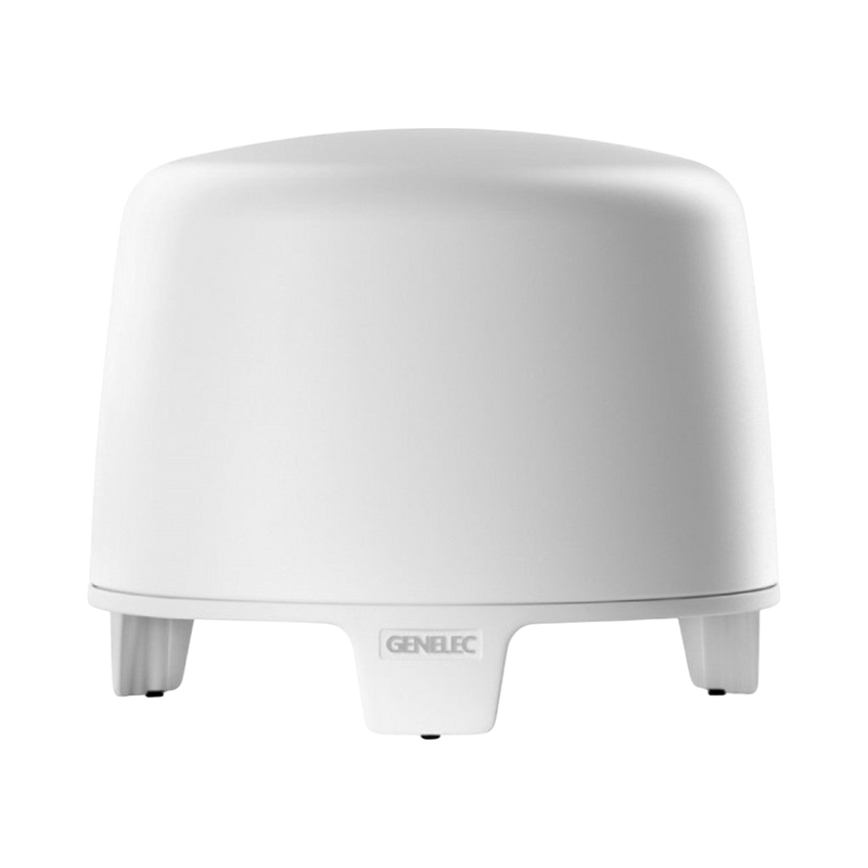 Undentia AB Genelec F Two white compact active subwoofer with a sleek, rounded design for home audio systems.
