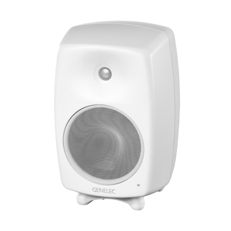Undentia AB Genelec G Four white active speaker with a rounded design and front-facing driver for high-fidelity audio.