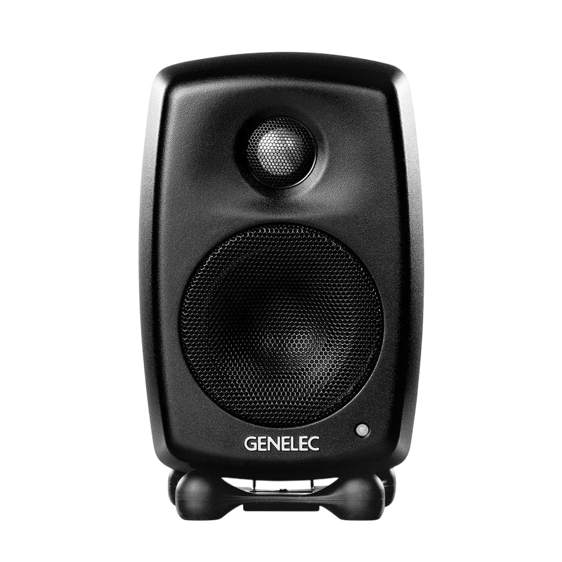 Undentia AB Genelec G One compact black active speaker with a rounded design and integrated stand