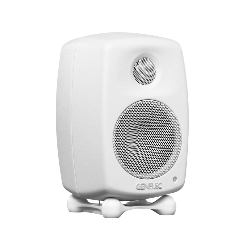 Undentia AB Genelec G One compact white active speaker with a rounded design and integrated Iso-Pod stand