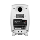 Rear view of white Genelec G Two active loudspeaker by Undentia AB showing input ports and control switches