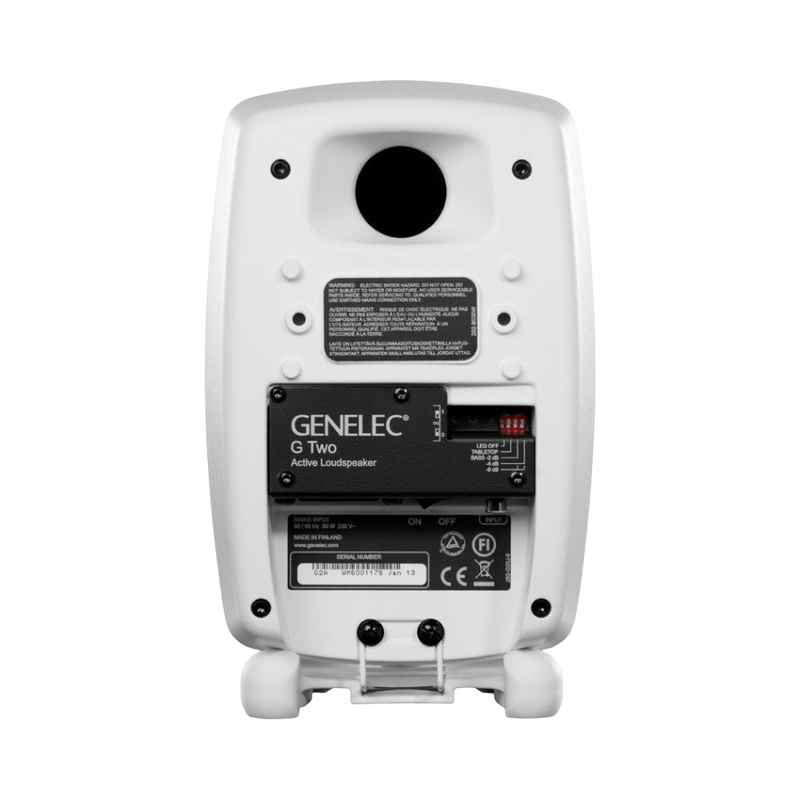Rear view of white Genelec G Two active loudspeaker by Undentia AB showing input ports and control switches