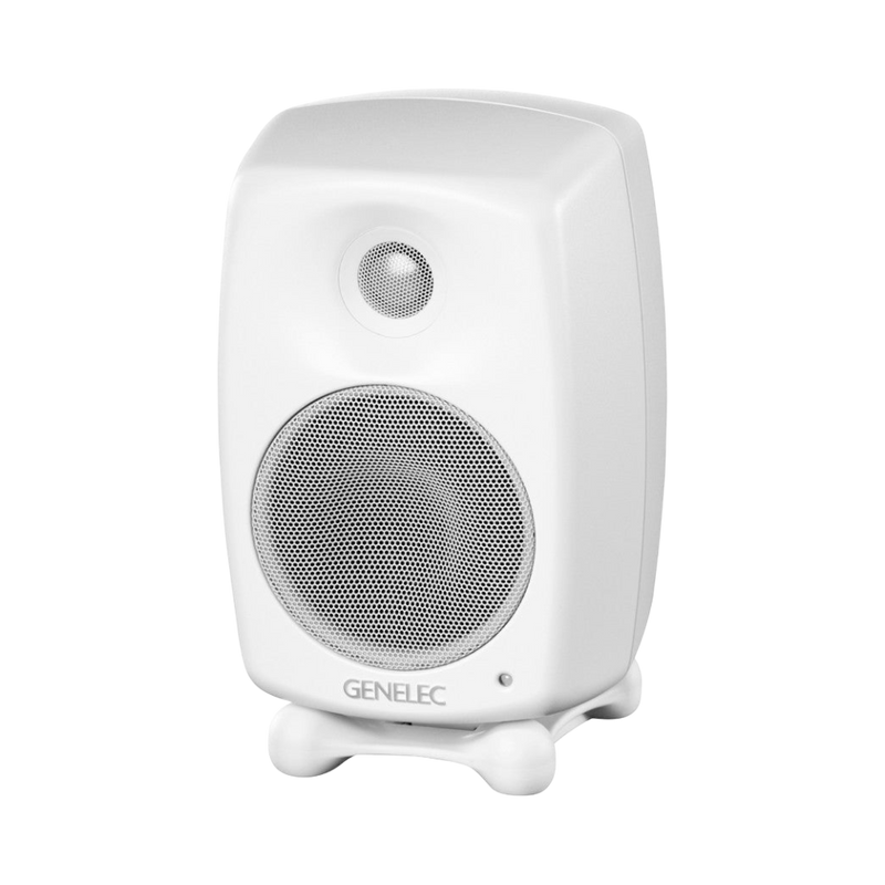 Undentia AB Genelec G Two compact white active speaker with rounded design and metal grille on a small stand