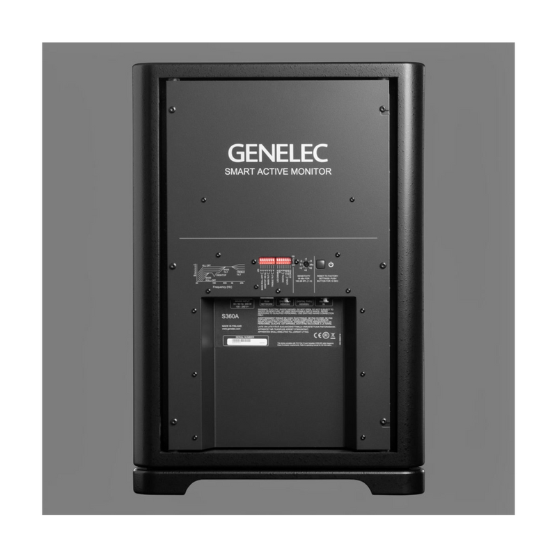 Rear view of the Undentia AB Genelec S360A SAM studio monitor showing input ports, calibration switches, and labels.