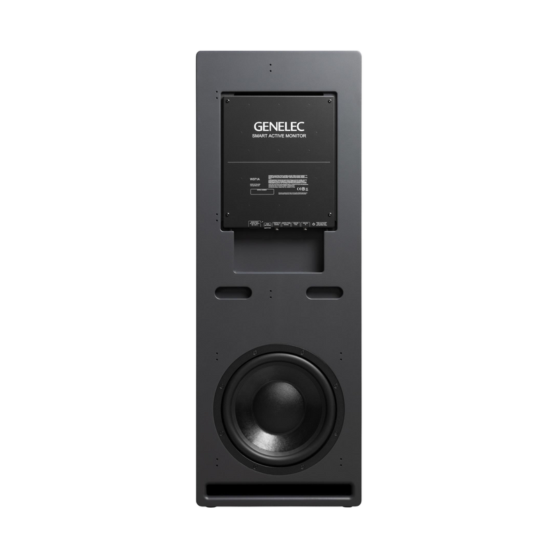Undentia AB Genelec W371A SAM woofer system in matte black finish, showing the rear panel and large bass driver.