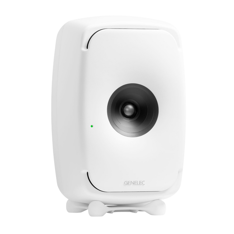 Undentia AB white Genelec studio monitor speaker with a sleek rounded design and a central coaxial driver.