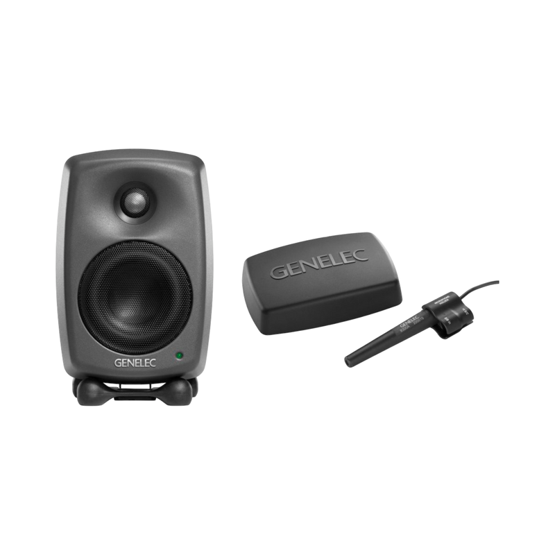 Undentia AB GLM Kit featuring a Genelec SAM monitor, network adapter, and 8300A calibration microphone with holder.