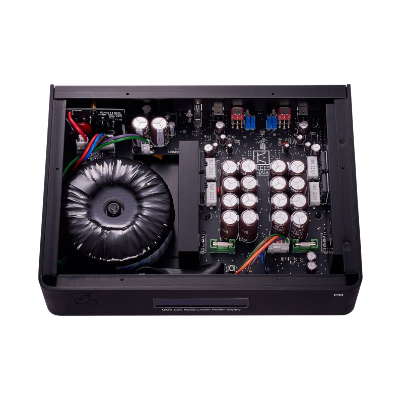 Undentia AB KECES P8 linear power supply internal view showing toroidal transformer and high-quality capacitors