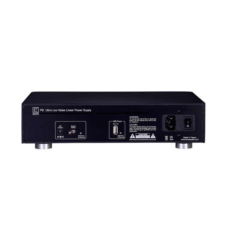 Undentia AB KECES P8 ultra low noise linear power supply rear panel with DC output, USB port, and power switch.