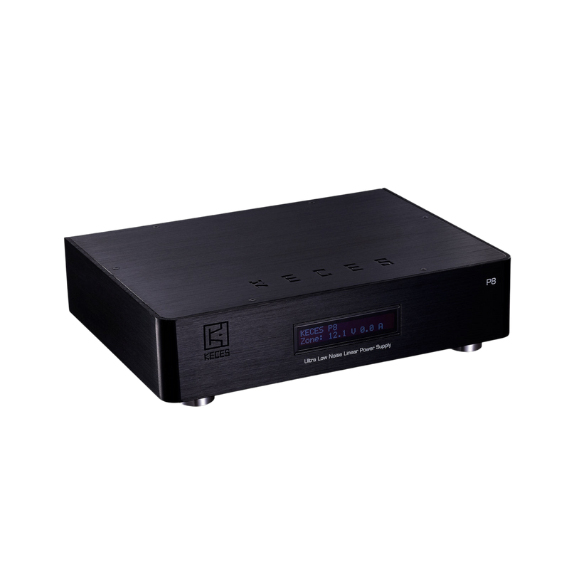Undentia AB KECES P8 black linear power supply with OLED display showing voltage and current in a brushed metal case