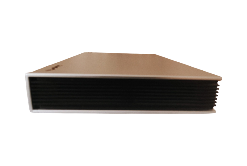 Undentia AB Matrix Audio Element S digital transport in a sleek silver finish, shown from a low-angle side view.