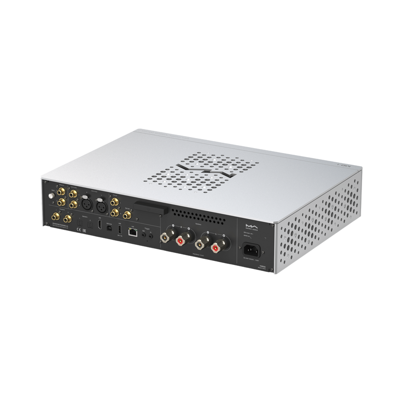 Rear view of the Undentia AB Matrix Audio MD-1 integrated streamer and amplifier showing various input and output ports
