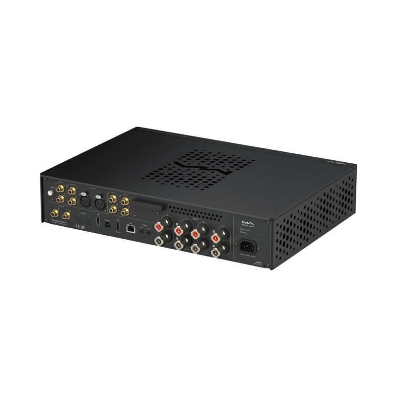Rear panel of the Undentia AB Matrix Audio MD-1P amplifier showing gold-plated terminals, XLR, and digital inputs.