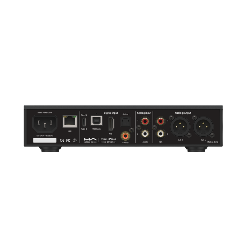Undentia AB Matrix Audio mini-i Pro 4 music streamer rear panel showing various digital and analog input ports