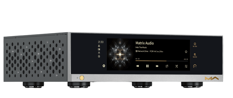 Undentia AB Matrix Audio NT-1 digital audio transport with a high-resolution front display showing music playback