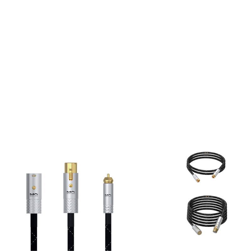 Undentia AB Matrix Audio OCC Hi-Fi analog audio cables with silver CNC aluminum connectors and black nylon braiding.