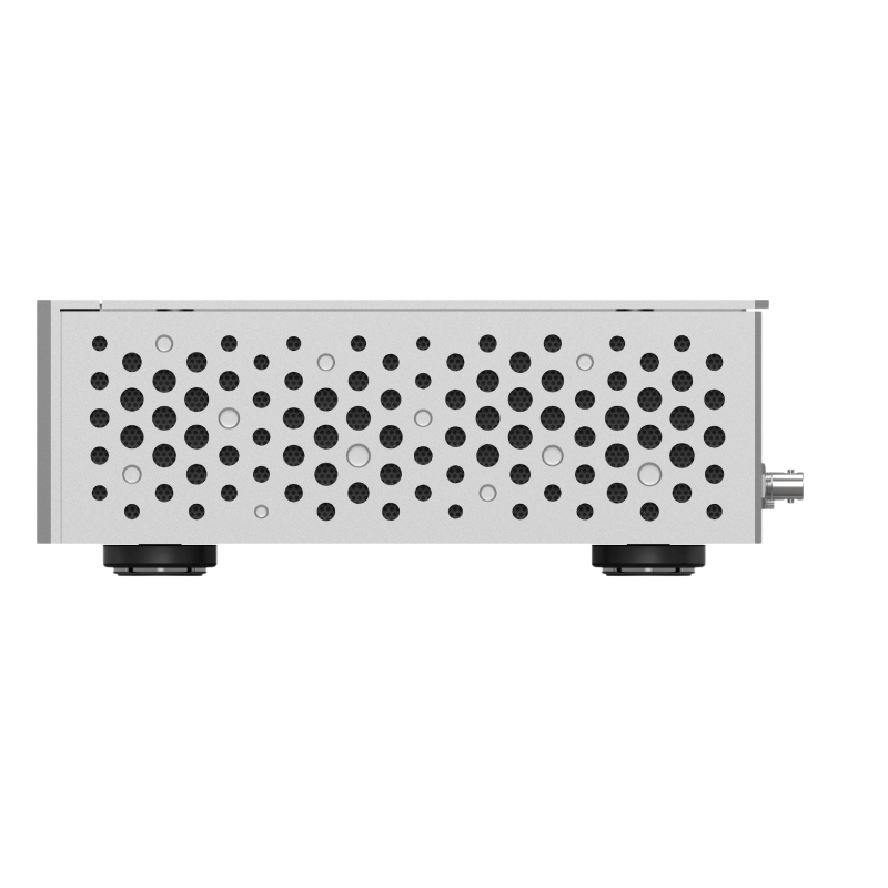 Undentia AB Matrix Audio SC-1 reference clock side view showing the silver chassis with ventilation perforations.