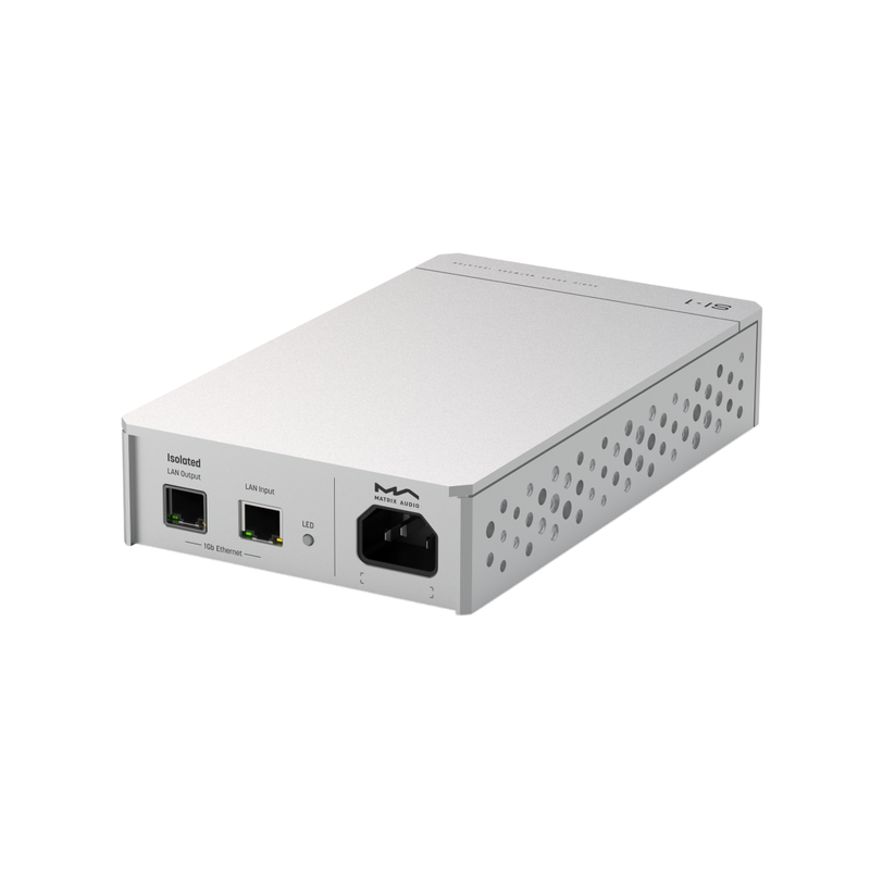 Undentia AB Matrix Audio SI-1 fiber optic network isolator in a silver CNC-machined aluminum unibody chassis