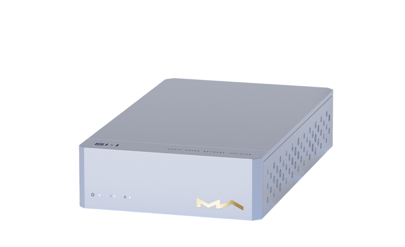 Undentia AB Matrix Audio SI-1 silver aluminum network isolator with minimalist design and front LED indicators