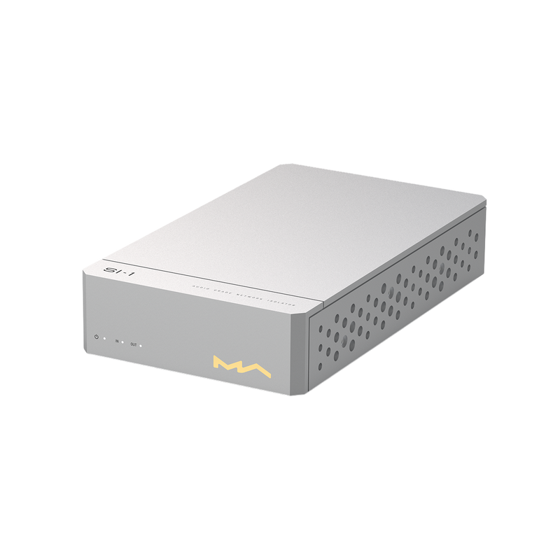 Undentia AB Matrix Audio SI-1 fiber-optic network isolator in a silver CNC-machined aluminum unibody chassis