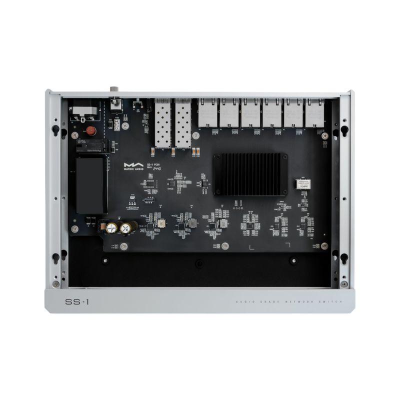 Undentia AB Matrix Audio SS-1 audiophile network switch with internal circuit board and cooling components exposed