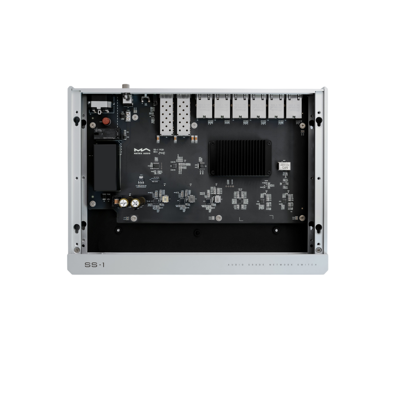 Undentia AB Matrix Audio SS-1 audiophile network switch with internal circuit board and cooling components exposed