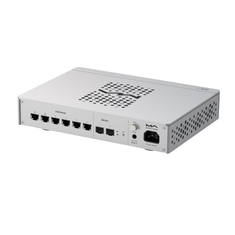 Undentia AB Matrix Audio SS-1 audiophile network switch rear view showing Ethernet, SFP+ ports, and power input