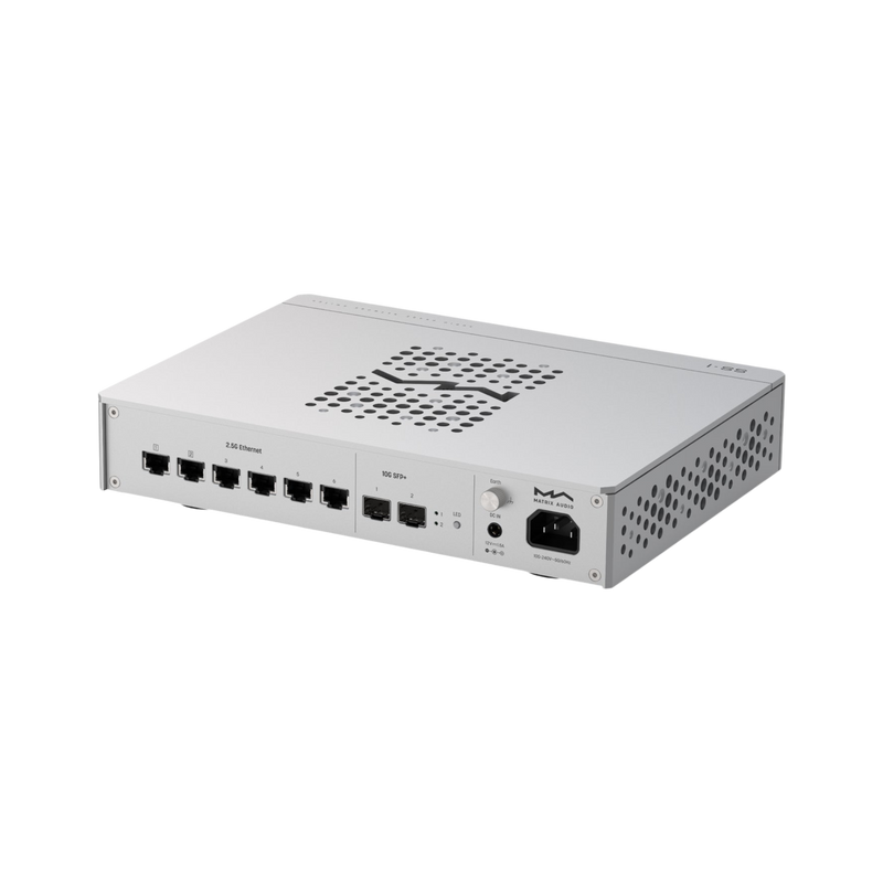 Undentia AB Matrix Audio SS-1 audiophile network switch rear view showing Ethernet, SFP+ ports, and power input