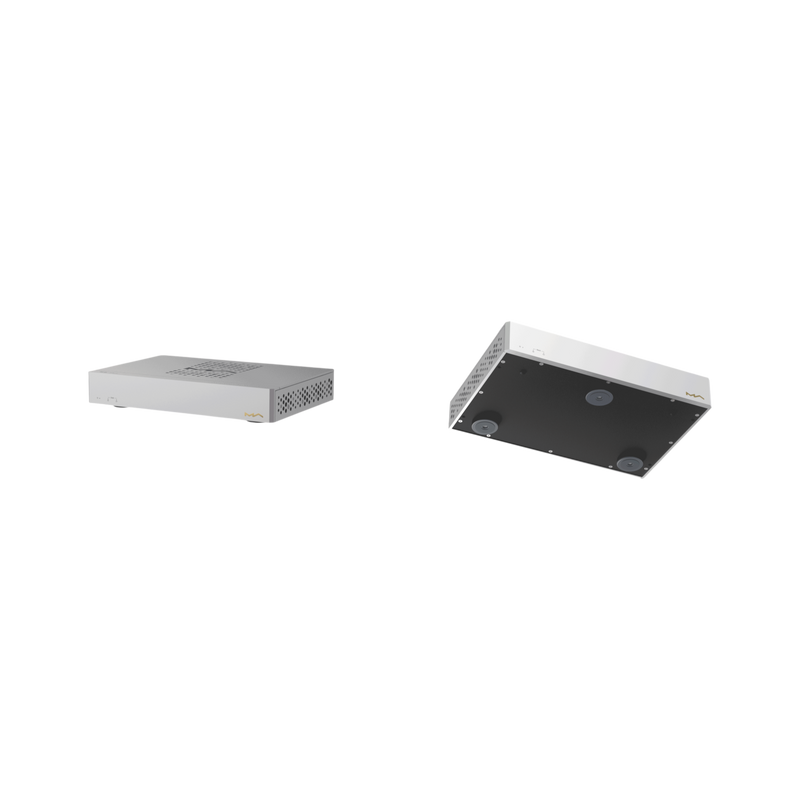 Undentia AB Matrix Audio SS-1 audiophile network switch in a silver CNC-machined aluminium chassis with isolation feet.