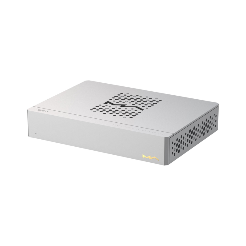Undentia AB Matrix Audio SS-1 silver audiophile network switch with a precision-machined aluminium chassis and ventilation