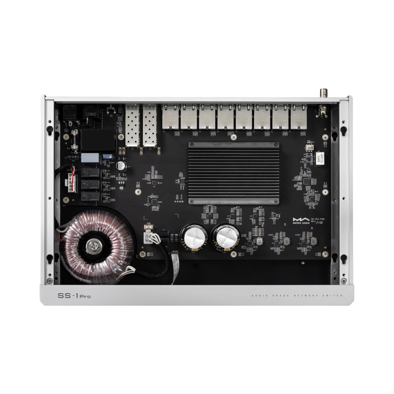 Undentia AB Matrix Audio SS-1 Pro audiophile network switch internal view showing toroidal transformer and circuitry